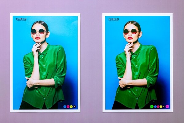 cmyk 绿色和霓虹粉色(右图)和cmyk（左图）印刷效果对比