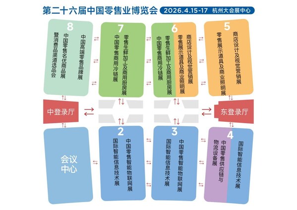 第二十六届中国零售业博览会(2026 chinashop)展位布局图,展示展会于2026年4月15日至17日在杭州大会展中心举办,九大子展及会议中心分布情况 第二十六届中国零售业博览会(2026 chinashop)展位布局图,展示展会于2026年4月15日至17日在杭州大会展中心举办,九大子展及会议中心分布情况